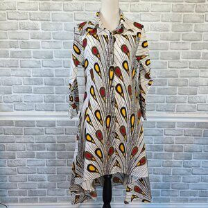 Step In Style Midi Shirt Dress Boho Peacock Feather Asymmetrical Art to Wear M